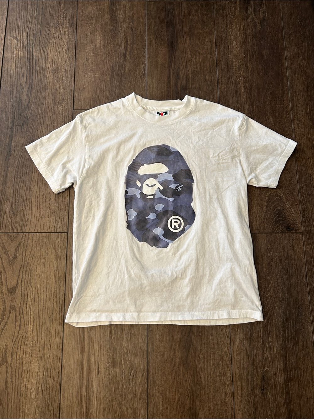Bape White Short-Sleeve Tee with Blue Camo Ape Head